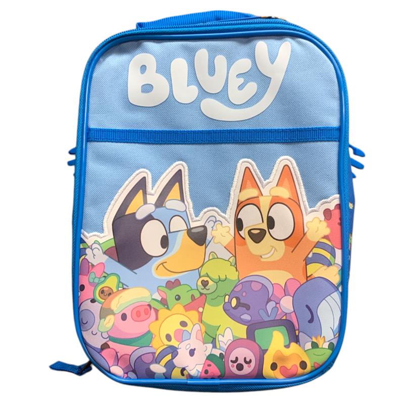 Zoofy Bluey 17 licensed character backpack in blue featuring Bluey and Bingo among colorful characters.