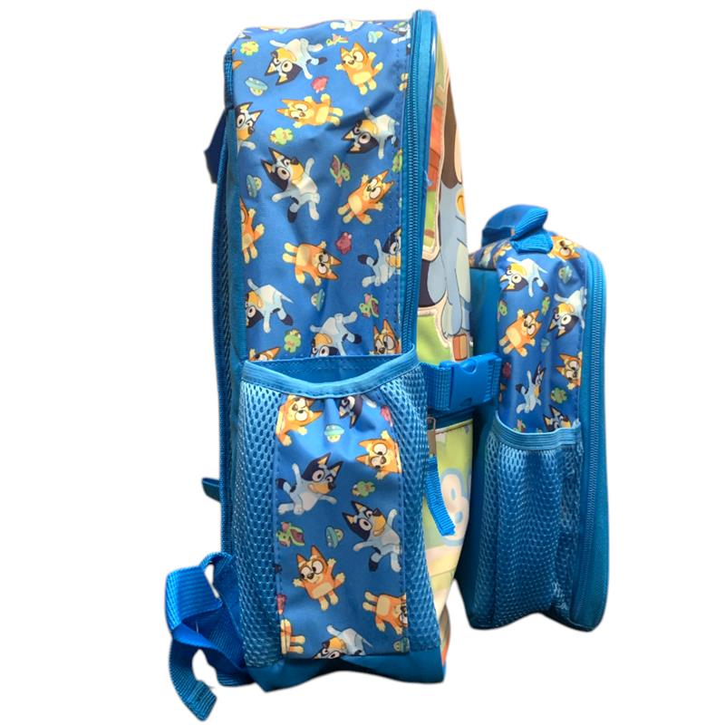 Bluey-themed backpack and insulated lunch bag set featuring colorful characters and mesh side pockets.