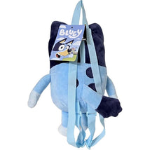 Plush Bluey-shaped backpack in shades of blue with adjustable straps and a colorful hangtag.