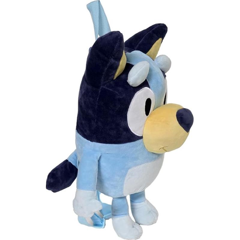 Plush backpack of a blue cartoon dog with black ears, round eyes, and a tail, suitable for children.