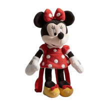 Soft plush Minnie Mouse backpack in red dress with polka dots and bow, featuring adjustable straps for easy carrying.