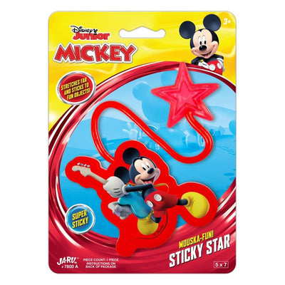 Disney Mickey Sticky Hand Stretchy Snap Toy featuring a red, star-shaped sticky hand with Mickey Mouse graphics on packaging.