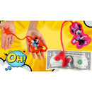Sticky hand toy featuring Mickey Mouse and Minnie Mouse, with one dollar bill, on a vibrant comic-style background.