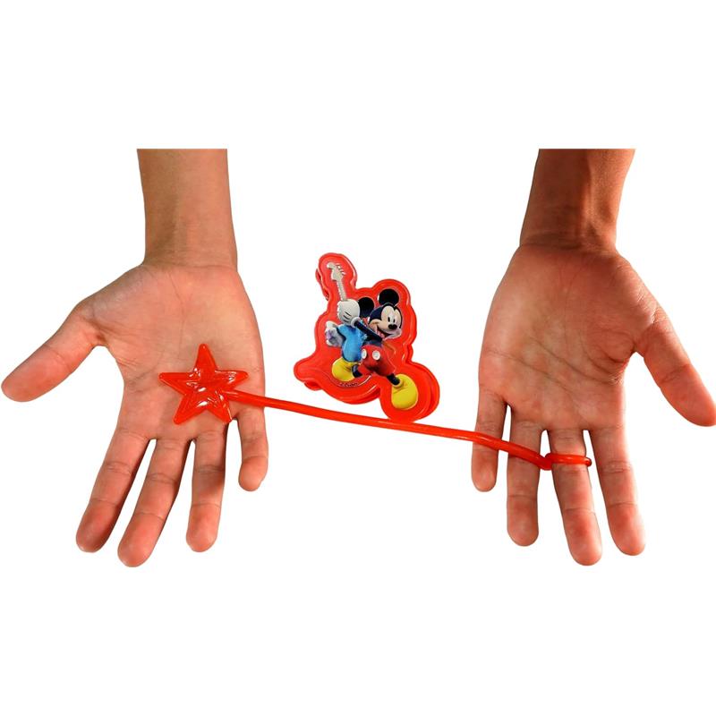 Disney Mickey Sticky Hand toy with a red star and stretchy rubber band held between two hands.