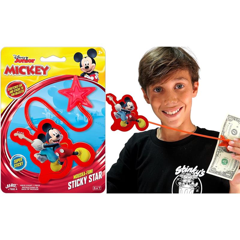 Disney Mickey Sticky Hand Stretchy Snap Toy featuring a boy smiling while holding a dollar bill with a red sticky hand.