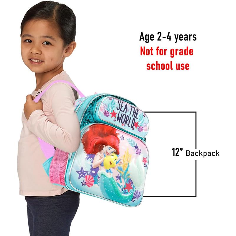 Mini backpack featuring a colorful Little Mermaid design, intended for kids aged 2-4 years, measuring 12 inches.