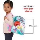 Mini backpack featuring a colorful Little Mermaid design, intended for kids aged 2-4 years, measuring 12 inches.