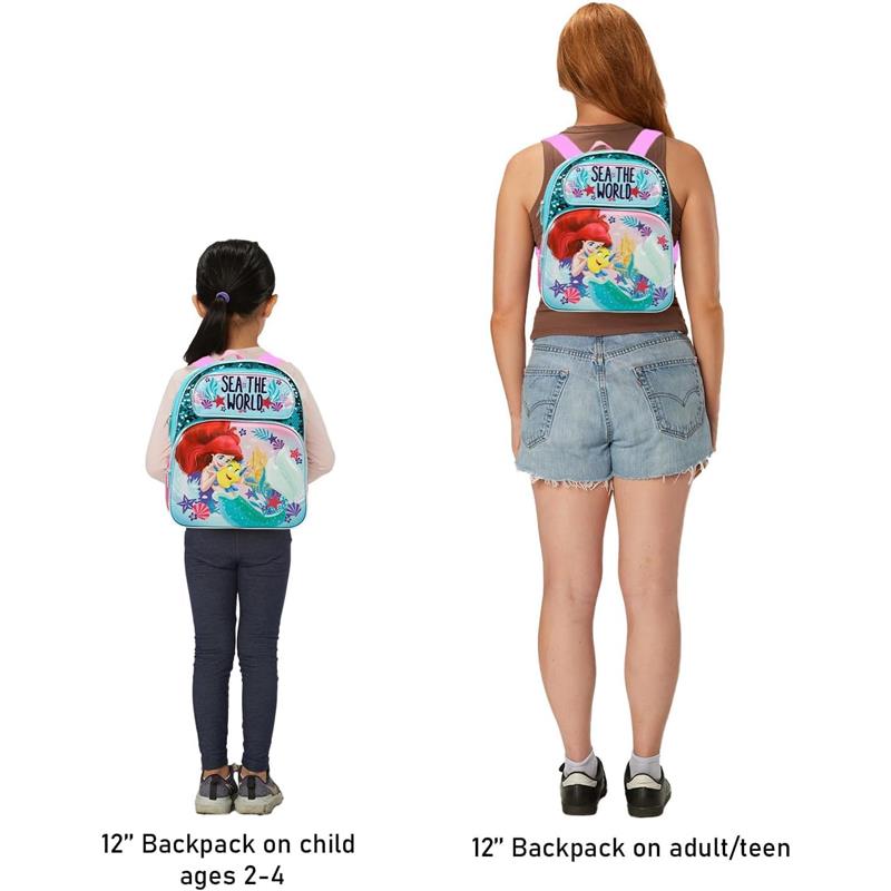 Little Mermaid mini backpack showcased on a child and an adult, featuring bright colors and ocean-themed graphics.