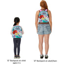 Little Mermaid mini backpack showcased on a child and an adult, featuring bright colors and ocean-themed graphics.