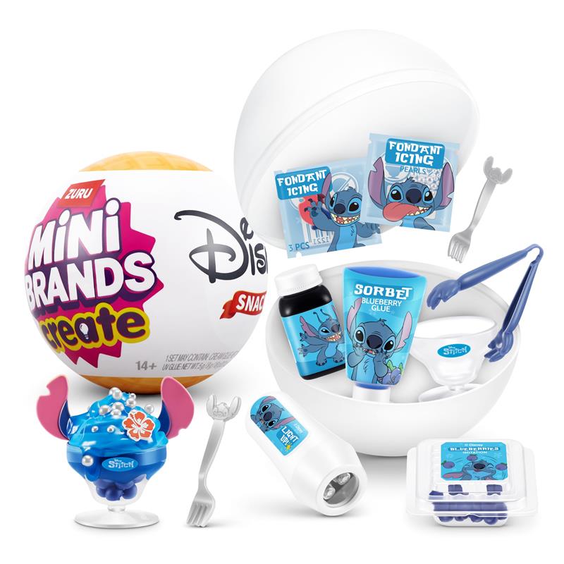 Zuru Mini Brands Disney Snacks Create set including Stitch-themed items like a mini figurine, icing packets, and glue.