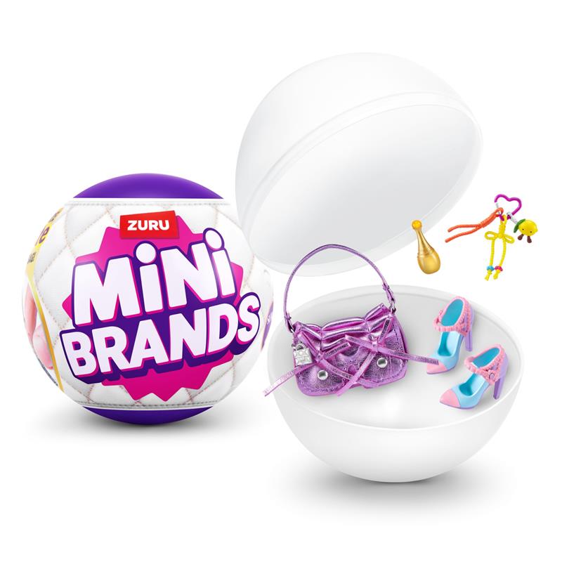 ZURU Mini Brands Fashion Series 4 capsule, featuring a purple handbag, pink high heels, and colorful accessories.