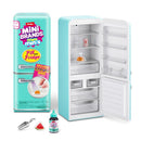 Zuru Mini Brands Fill The Fridge playset featuring a turquoise refrigerator, mini food items, and a bottle for creating mini products.