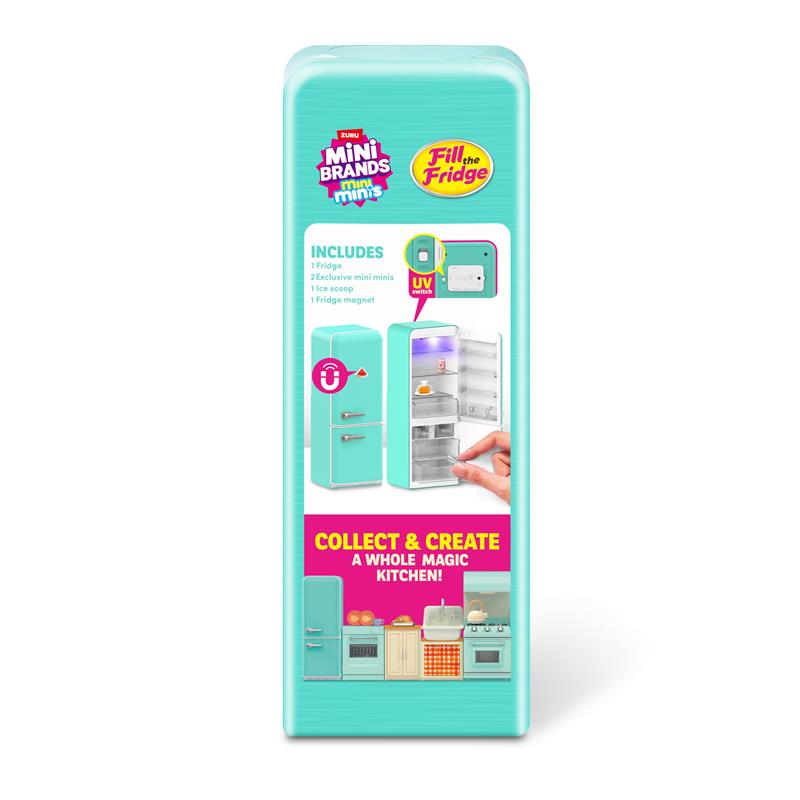 Zoofy Zuru Mini Brands Fill The Fridge Playset includes a fridge, two exclusive mini items, an ice scoop, and a fridge magnet.