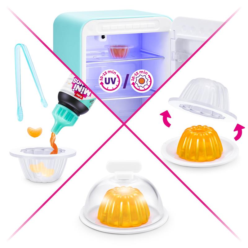 Playset featuring the Zoofy Zuru Mini Brands Fill The Fridge with a fridge, jelly mold, and UV light for creative play.