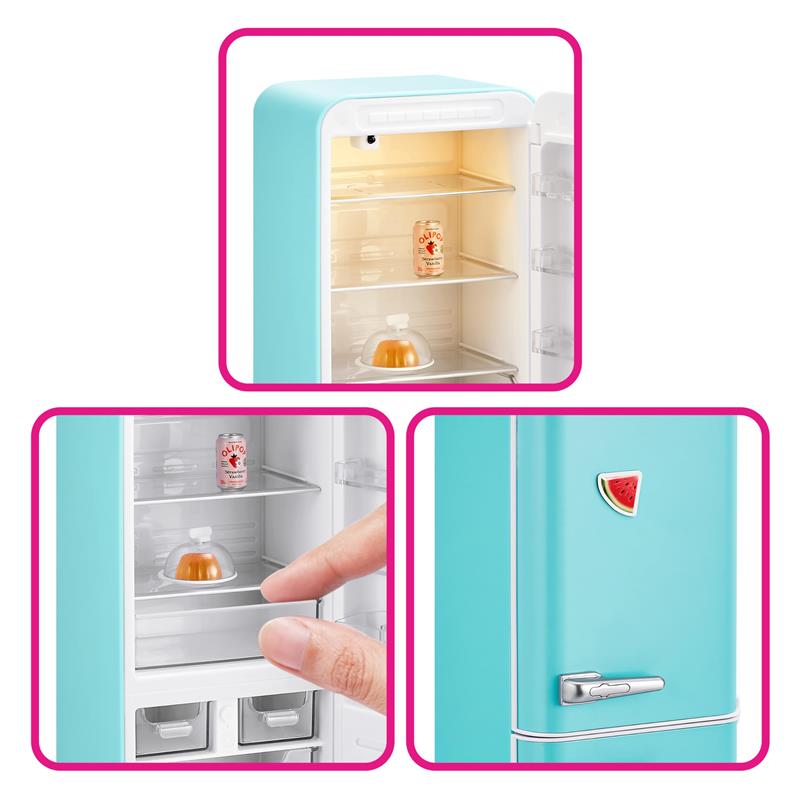 Miniature turquoise fridge playset with food items inside, including a drink can and dessert, showcasing interactive features.