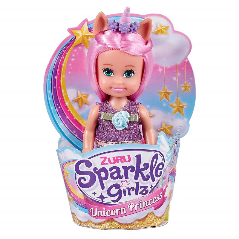 ZURU Sparkle Girlz Unicorn Princess doll with pink hair, unicorn ears, and a glittery outfit in colorful packaging.