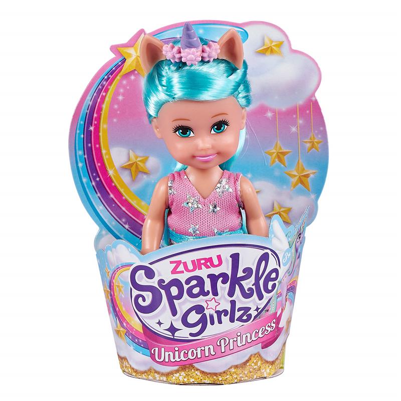 ZURU Sparkle Girlz Unicorn Princess doll with turquoise hair, unicorn ears, and pink dress, packaged in a colorful box.