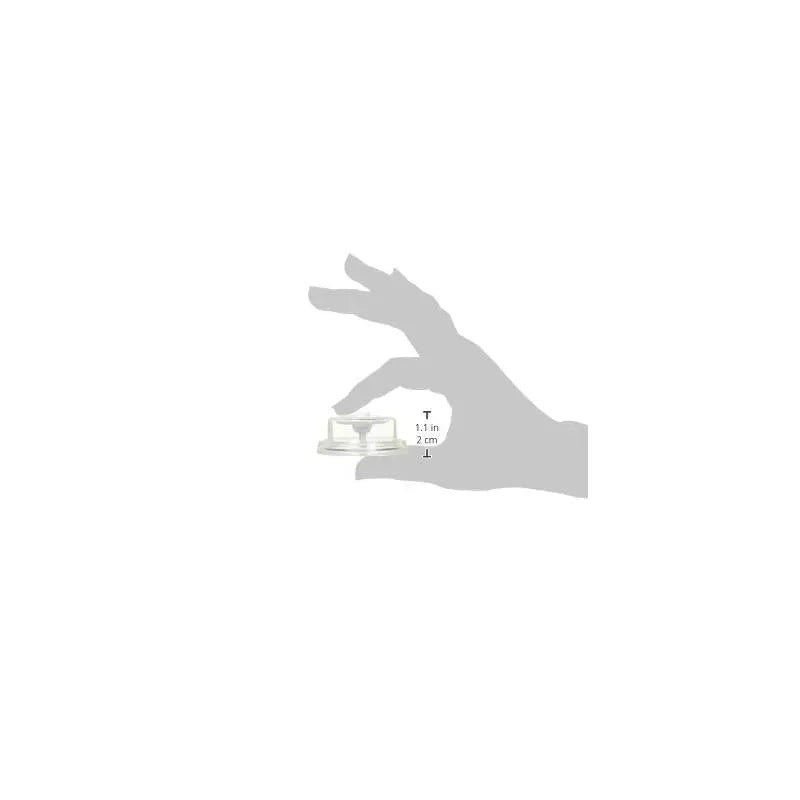Manual diaphragm breast pump held in a hand, dimensions highlighted: 1 inch (2 cm) in height.