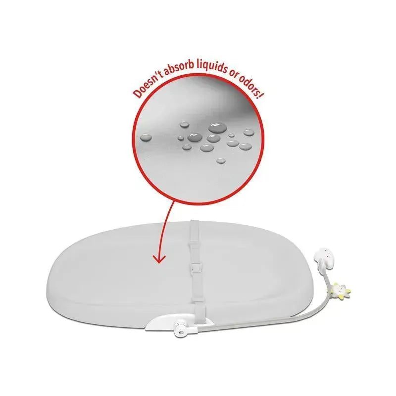 Grey Skip Hop wipe-clean changing pad with a strap and illustration showing water beads, highlighting its non-absorbent surface.