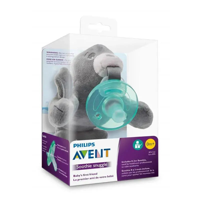 Avent Soothie Snuggle featuring a gray plush seal with an attached teal pacifier, packaged for babies 0M+.