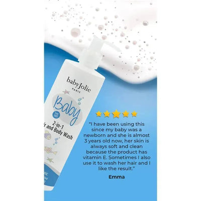 3-pack of Baby Jolie 2-in-1 Hair & Body Wash (7.5 oz), featuring a tear-free formula and a customer review highlighting its moisturizing properties.