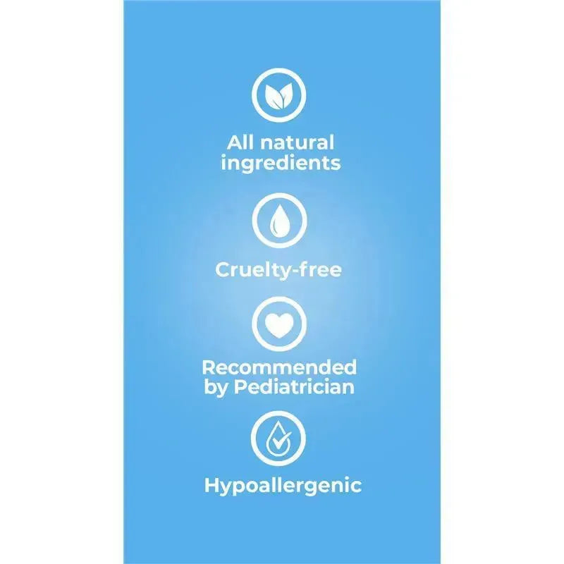 All natural ingredients, cruelty-free, pediatrician recommended, and hypoallergenic claims on a blue background.