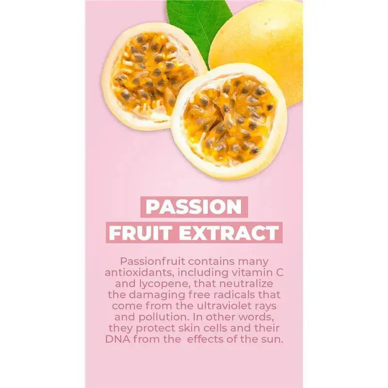 Passion fruit extract is highlighted, explaining its antioxidant properties for skin protection against UV rays and pollution.