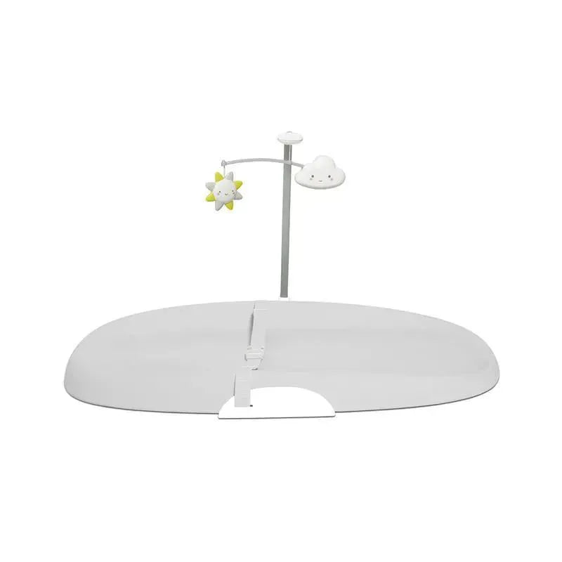 Grey, wipe-clean changing pad with an attached mobile featuring a sun and cloud design.
