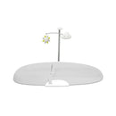Grey, wipe-clean changing pad with an attached mobile featuring a sun and cloud design.