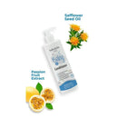 Baby Jolie conditioner bottle with passion fruit and safflower seed oil illustrations; highlights pediatrician choice and hypoallergenic features.