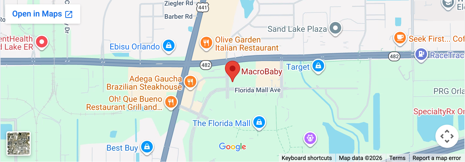 Google map showing MacroBaby store location near Florida Mall in Orlando area.